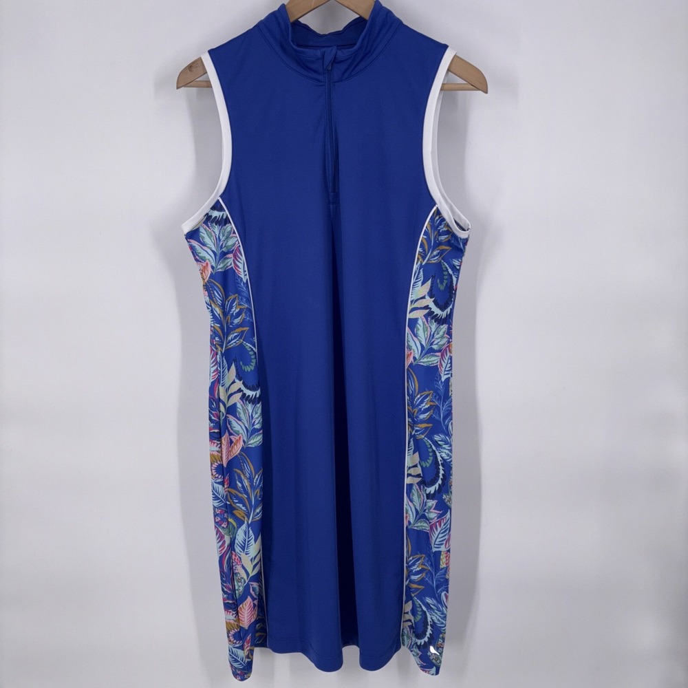18‎ Birdies Womens Golf Dress Large Blue Tropical Print Panels Stretch Comfort